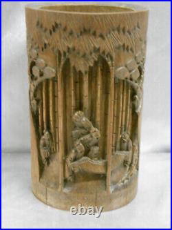 Ancien Pot A Pinceau Bambou Bois Personnages Sculpte Asiatique Chine China