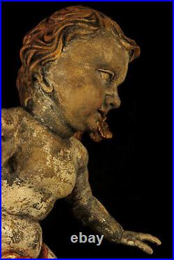 Ancien Putto, Angelot en bois sculpté polychrome / Italie XXeme siècle
