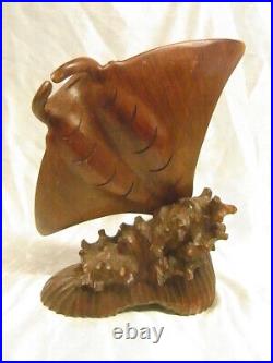 Ancien Rare Poisson Sculpture Marine Animaliere Raie Manta Bois Sculpte Fish