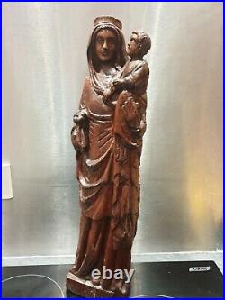 Ancien Statue, Vierge A L'enfant, Bois Naturel, Xviiieme, Bois Sculpté, Religieux