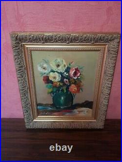 Ancien Tableau BEZARD Bouquet de Fleurs + Cadre Bois Sculpté Doré Vintage