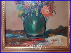 Ancien Tableau BEZARD Bouquet de Fleurs + Cadre Bois Sculpté Doré Vintage