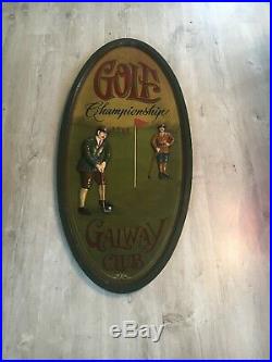 Ancien Tableau Country Corner Ovale Golf Championship Bois Sculpté Vintage
