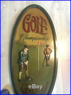 Ancien Tableau Country Corner Ovale Golf Championship Bois Sculpté Vintage