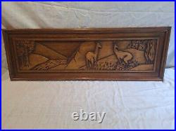 Ancien Tableau en Bois, Sculpté main en bas Reliefs Biche Paysage Vintage