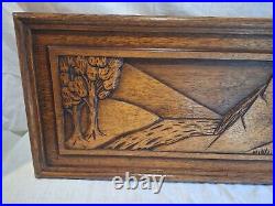 Ancien Tableau en Bois, Sculpté main en bas Reliefs Biche Paysage Vintage