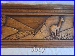 Ancien Tableau en Bois, Sculpté main en bas Reliefs Biche Paysage Vintage