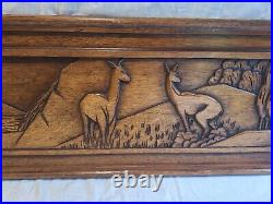 Ancien Tableau en Bois, Sculpté main en bas Reliefs Biche Paysage Vintage