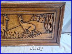 Ancien Tableau en Bois, Sculpté main en bas Reliefs Biche Paysage Vintage