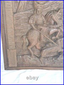 Ancien Tableau en Bois, Sculpté main en bas Reliefs Château Chevalier