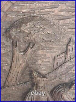 Ancien Tableau en Bois, Sculpté main en bas Reliefs Château Chevalier