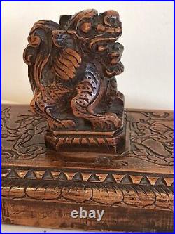 Ancien Tampon Presse Buvard Asiatique Chien De Fô Bois Sculpté Dragon