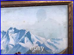 Ancien cadre photo en bois sculpté vintage avec aquarelle signé massif Taillefer