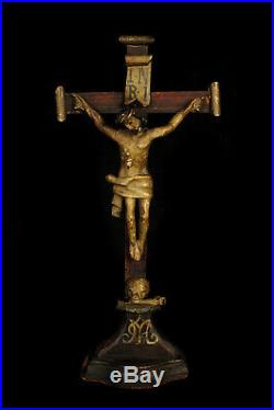 Ancien crucifix en bois sculpté vers 1800 / Christ XVIIIe Memento Mori Crane