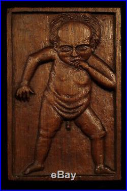 Ancien curieux bas relief bois sculpté XIXeme / Cabinet Curiosités Art Populaire