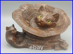 Ancien encrier 2 chats en bois sculpté aux yeux en verre art populaire