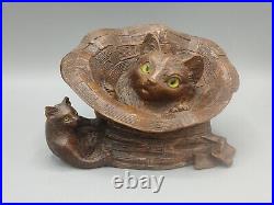 Ancien encrier 2 chats en bois sculpté aux yeux en verre art populaire