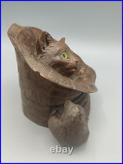 Ancien encrier 2 chats en bois sculpté aux yeux en verre art populaire