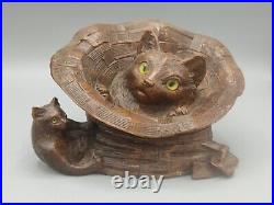 Ancien encrier 2 chats en bois sculpté aux yeux en verre art populaire