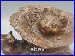 Ancien encrier 2 chats en bois sculpté aux yeux en verre art populaire