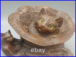 Ancien encrier 2 chats en bois sculpté aux yeux en verre art populaire