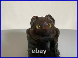 Ancien encrier bois sculpté foret noire black forest chat cat inkwell