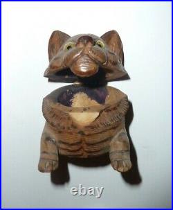 Ancien encrier sculpté bois chat cat yeux en verres foret noire Schwarzwald old