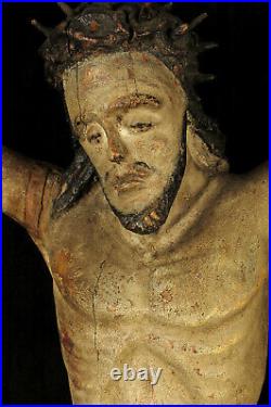 Ancien grand Christ en bois sculpté, art populaire vers 1800 / Religion Devotion