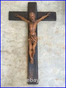 Ancien grand christ crucifix bois sculpté carved wood cross