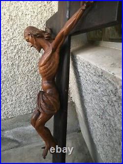 Ancien grand christ crucifix bois sculpté carved wood cross