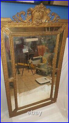 Ancien grand miroir parclose en stuc doré sculpté 19ème Glace Biseauté 143x85cm