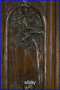 Ancien grand panneau chêne Breton bois sculpté paysage costume relief 19ème x 2