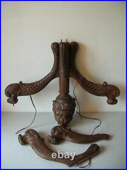 Ancien lustre Degué 4 bras luminaire en bois sculpté de poissons dragon de 67 cm