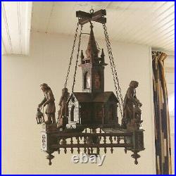 Ancien lustre breton personnages bois sculpté, église, vitraux, six feux