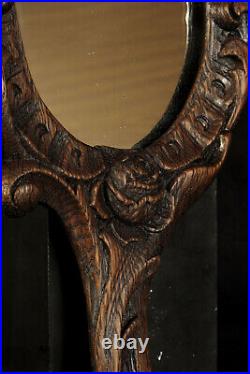 Ancien miroir à main, art populaire vers 1900 / Chene sculpté sculpture bois