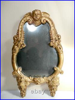 Ancien miroir mercure bois et stuc sculpté doré tête d' ange Louis XV Baroque