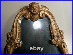 Ancien miroir mercure bois et stuc sculpté doré tête d' ange Louis XV Baroque