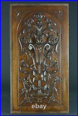 Ancien panneau 19ème bois sculpté de style Renaissance chimères fleurs de lys