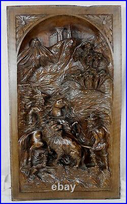Ancien panneau bois sculpté madieval chasse au lion antique carved wood panel