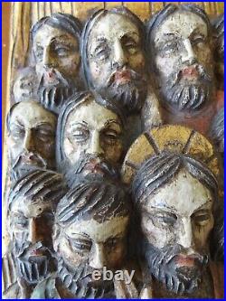 Ancien panneau de bois sculpté jésus et les apotres religion