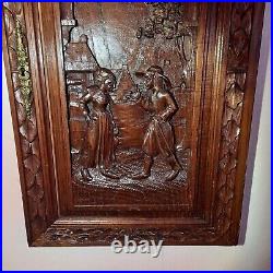 Ancien panneau porte de buffet bois sculpté décoration scène romantique