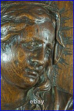 Ancien portrait Vierge Baroque Flamand 17 ème bois sculpté Chêne grand médaillon