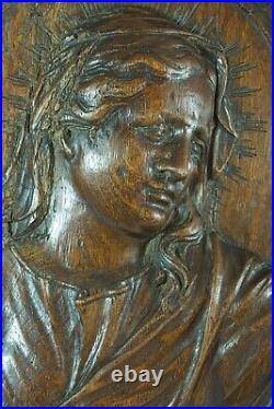 Ancien portrait Vierge Baroque Flamand 17 ème bois sculpté Chêne grand médaillon