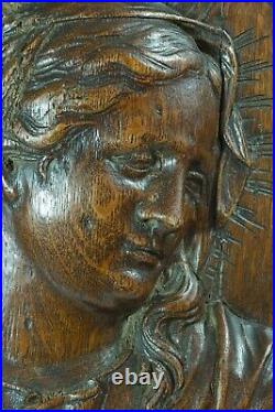 Ancien portrait Vierge Baroque Flamand 17 ème bois sculpté Chêne grand médaillon