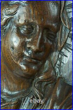 Ancien portrait Vierge Baroque Flamand 17 ème bois sculpté Chêne grand médaillon