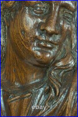 Ancien portrait Vierge Baroque Flamand 17 ème bois sculpté Chêne grand médaillon