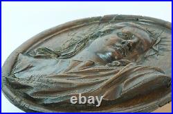 Ancien portrait Vierge Baroque Flamand 17 ème bois sculpté Chêne grand médaillon