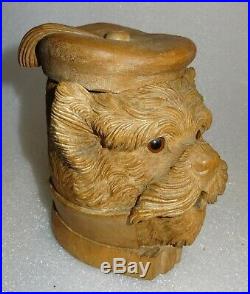 Ancien pot à tabac 19ème en bois sculpté au chien fumeur