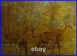 Ancien tableau art deco art nouveau sujet animalier bois sculpté monogramme JB