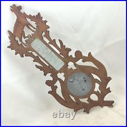 Ancien thermomètre de baromètre de chasse en bois sculpté motif forêt noire